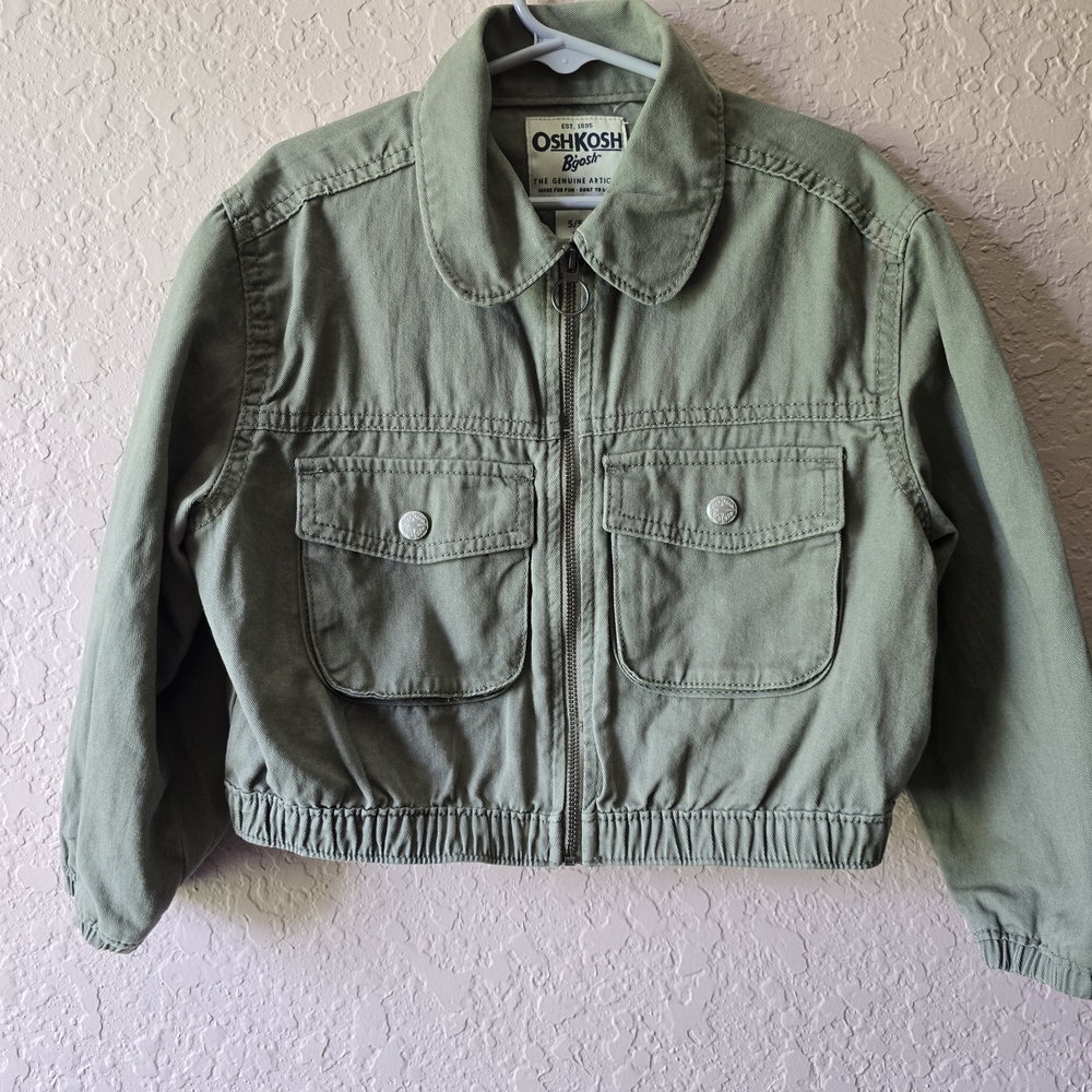 OshKosh B’gosh Girls Utility Jacket 5 Olive Green Zip Cotton Twill Pockets